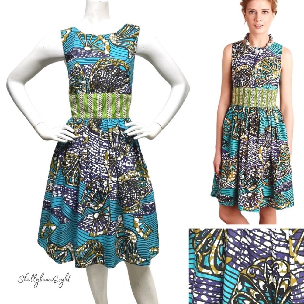 Anthropologie Teal Blue Green Patterned Fit-and-Flare Dress